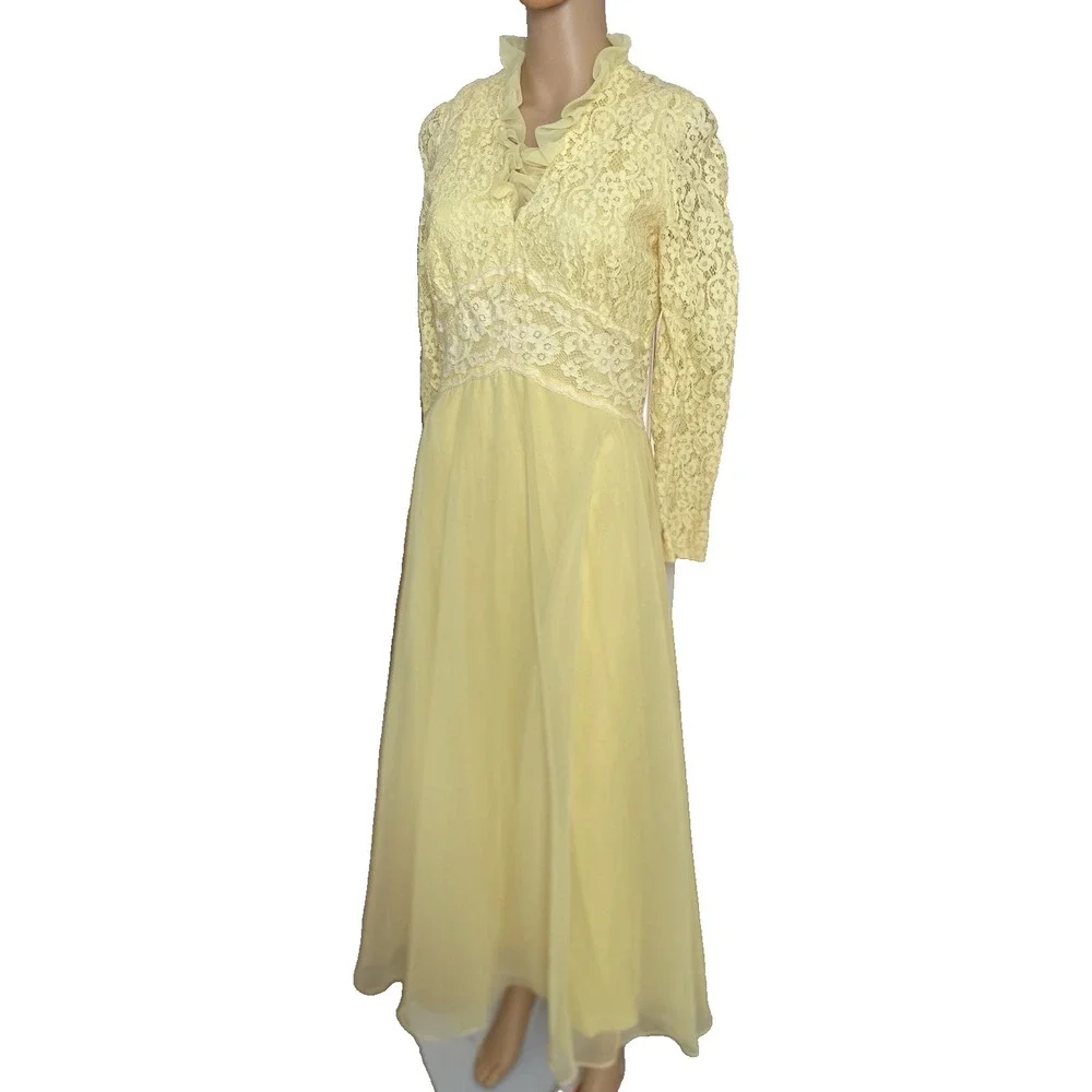 1980s Women's Dress XS Handmade Yellow Lace Ballroom Romantic Fairy Maxi (Read) - Picture 3 of 12